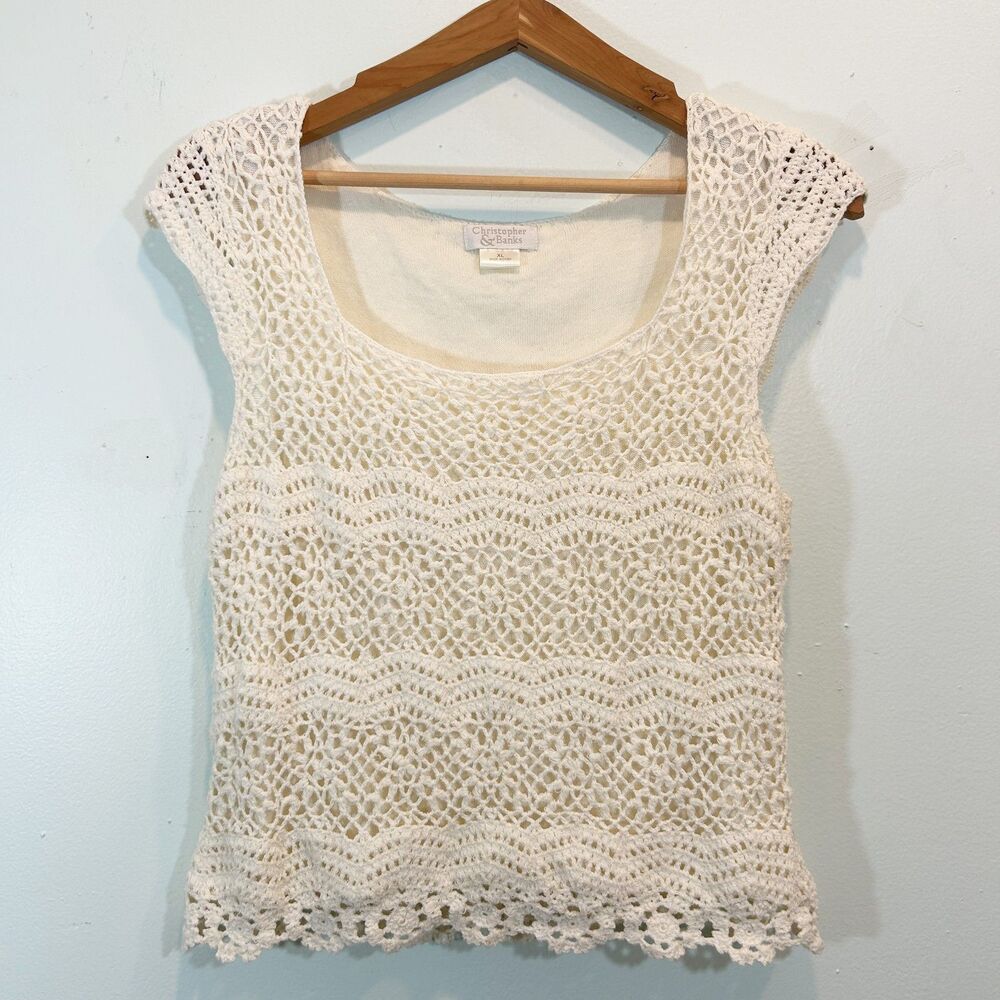 Christopher & Banks Ivory Lace Crotchet Cotton Top Size XL Boho Y2K Neutral